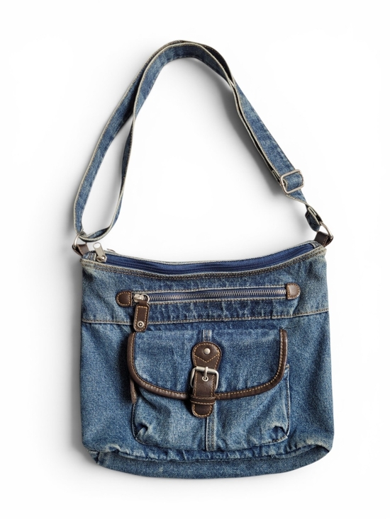Handbags - Y2K Denim Crossbody Utility Bag with Brown Faux Leather Trim